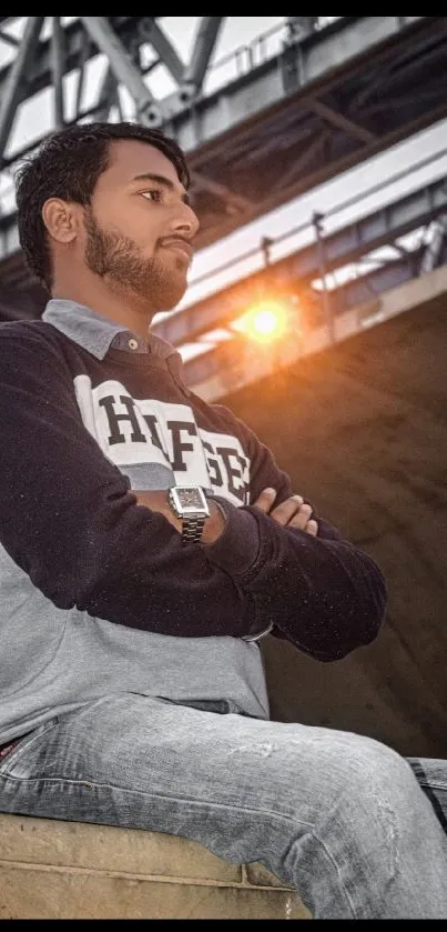 Man in gray attire poses confidently under a bridge.