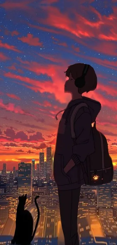 Anime boy and cat in sunset cityscape.