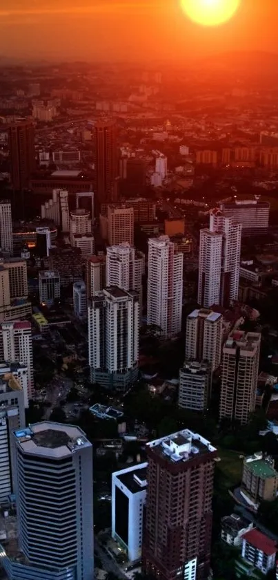 Urban skyline at sunset with vibrant colors and skyscrapers in view.