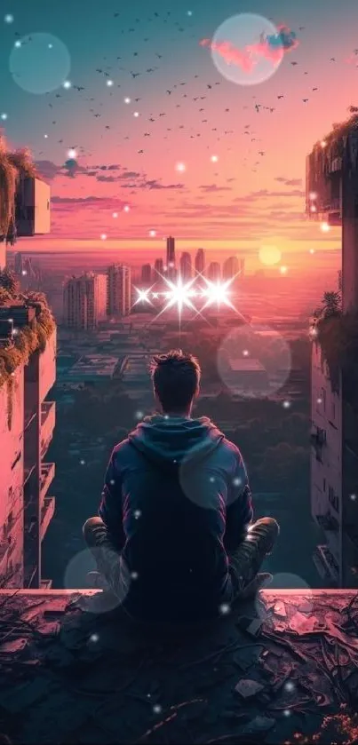 Solitary figure gazing at a vibrant urban sunset cityscape.