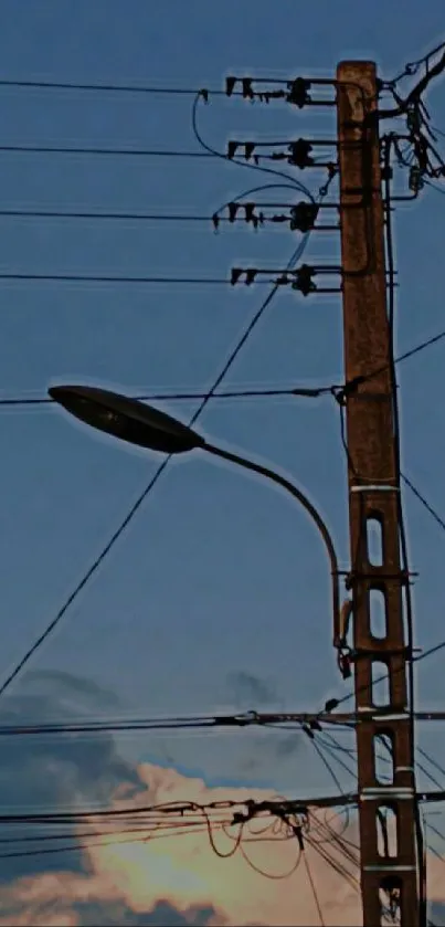 Urban light post silhouetted against a blue sunset sky.