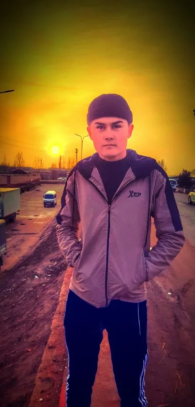 A young man standing on a street with a golden sunset backdrop.