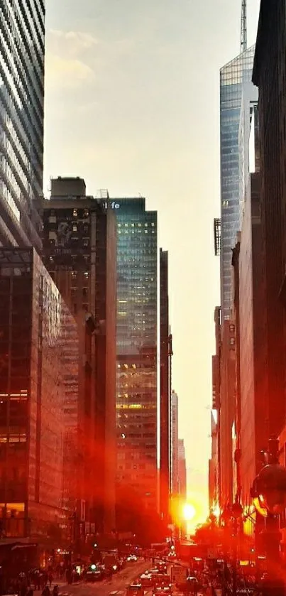 City street with sunset between skyscrapers creating a warm urban skyline.