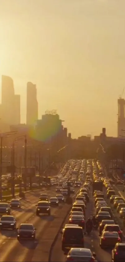 City skyline and traffic at sunset, creating a golden urban scene.