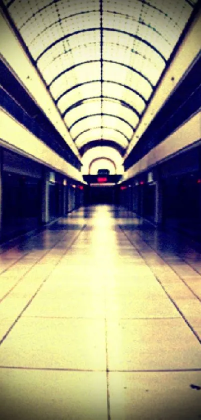 Symmetrical view of a modern hallway with cream-tiled floors.