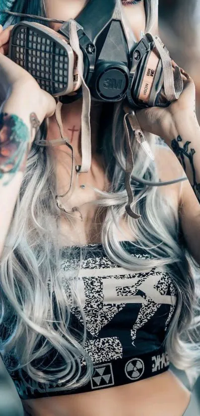 Tattooed woman in mask with urban style.