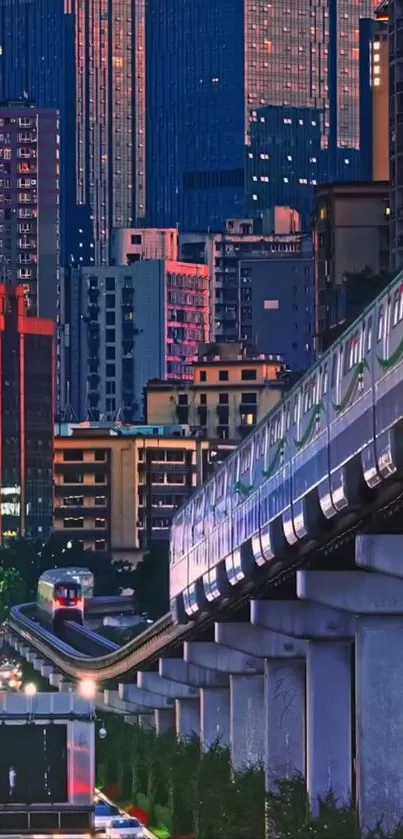 Train gliding through a vibrant cityscape at dusk with skyscrapers.