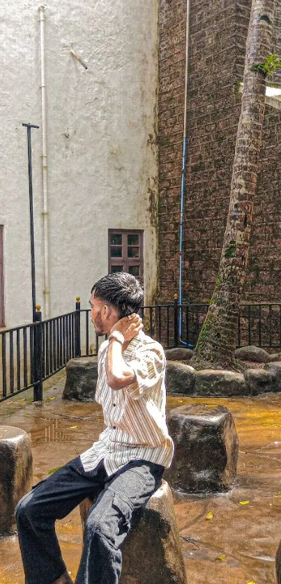 Person sitting on stone stool in urban setting.