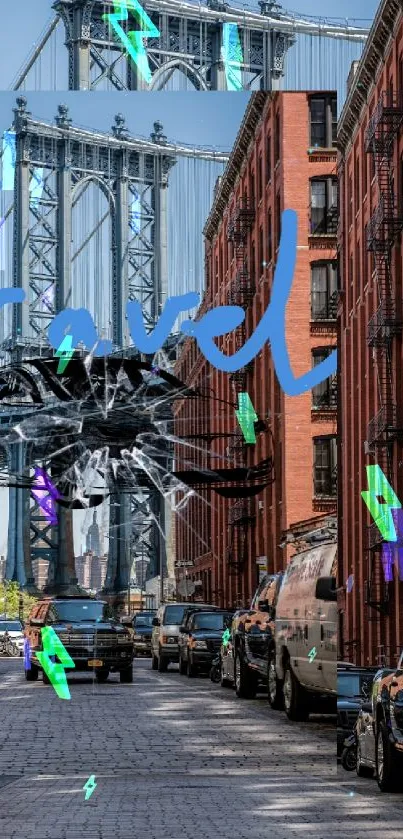City street view with iconic bridge and travel text overlay.