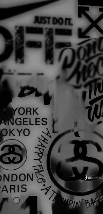 Black and white urban typography collage wallpaper with city names and bold fonts.