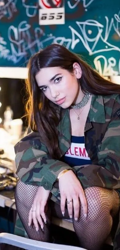 Urban camo jacket with graffiti backdrop in a modern dressing room.