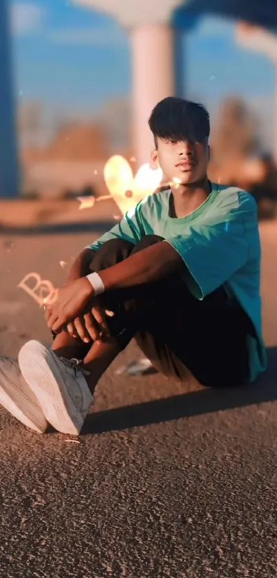 Person sitting in the sunset glow with urban background.