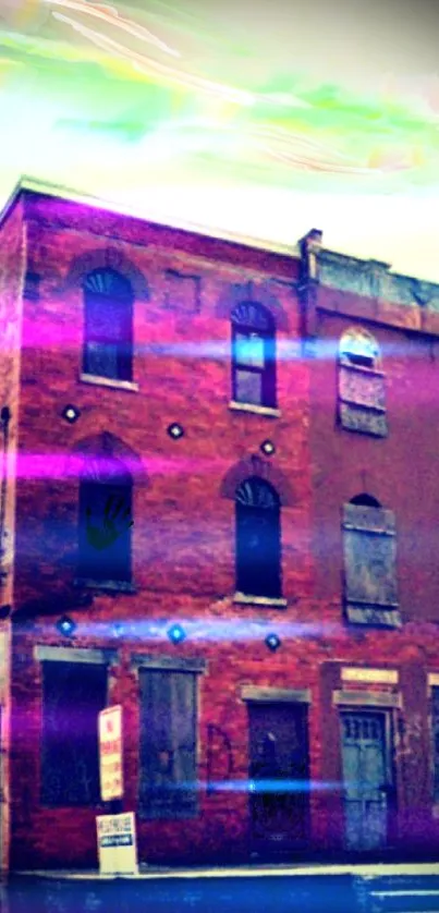 Vintage building with neon glow, urban artistic wallpaper.