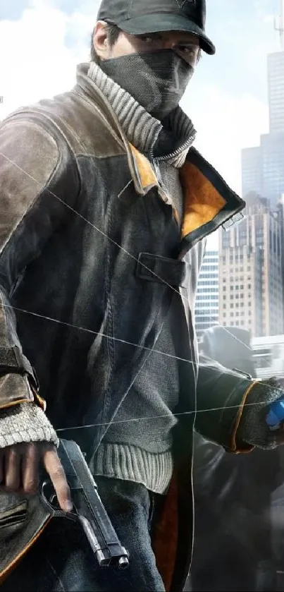 Mysterious urban vigilante in busy cityscape, holding a phone and wearing a cap.