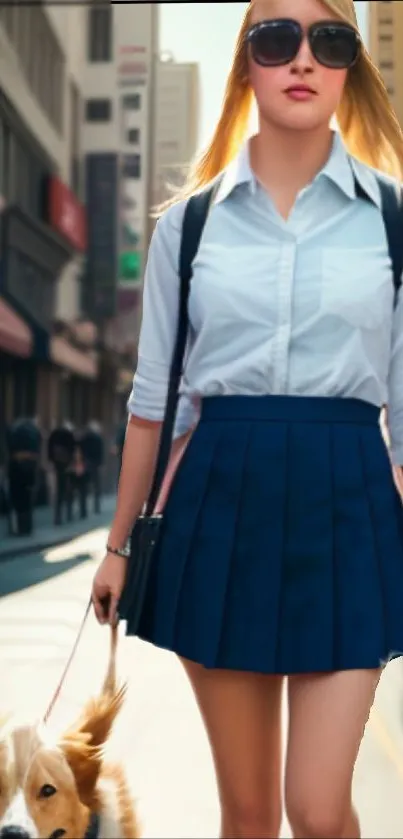 Fashionable woman walking dog in urban city street.