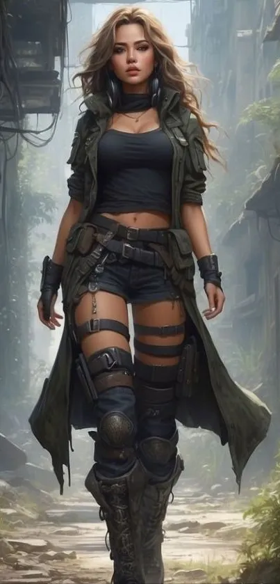 A woman confidently walks through an urban jungle, embodying strength and adventure.