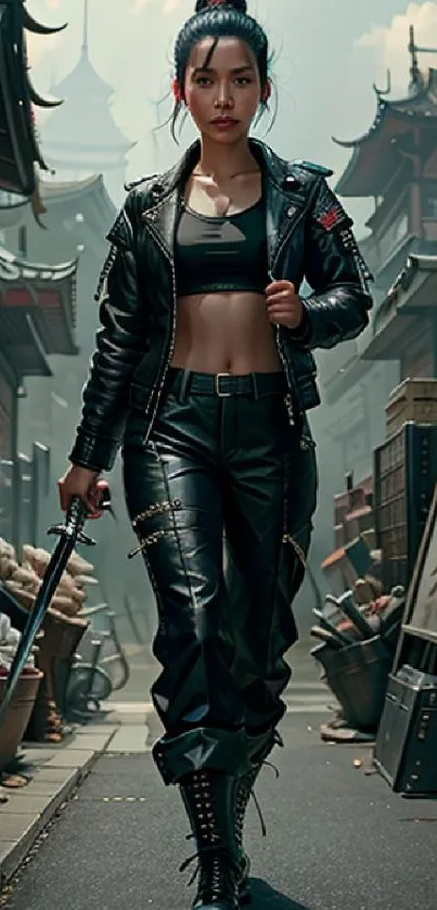 Edgy urban warrior in a black leather outfit walking down a street.