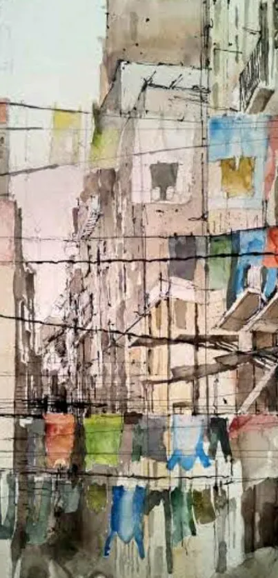 Watercolor urban street with colorful clothes hanging.