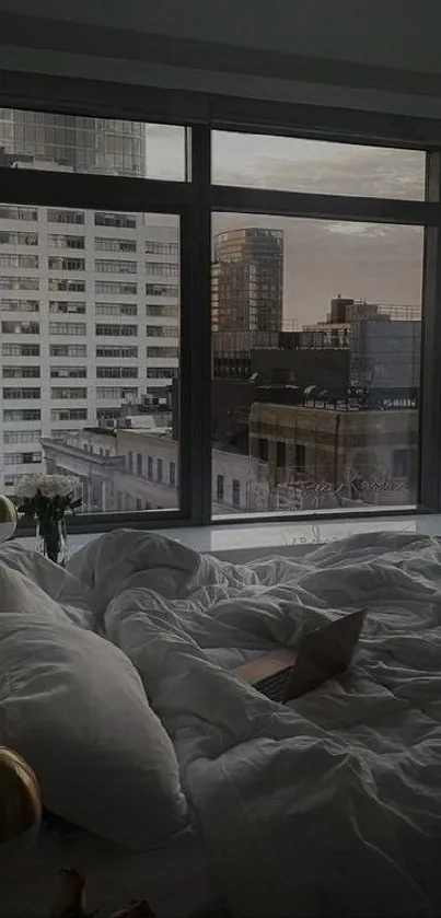 A cozy bed with a city skyline view through large windows, enveloped in soft morning light.