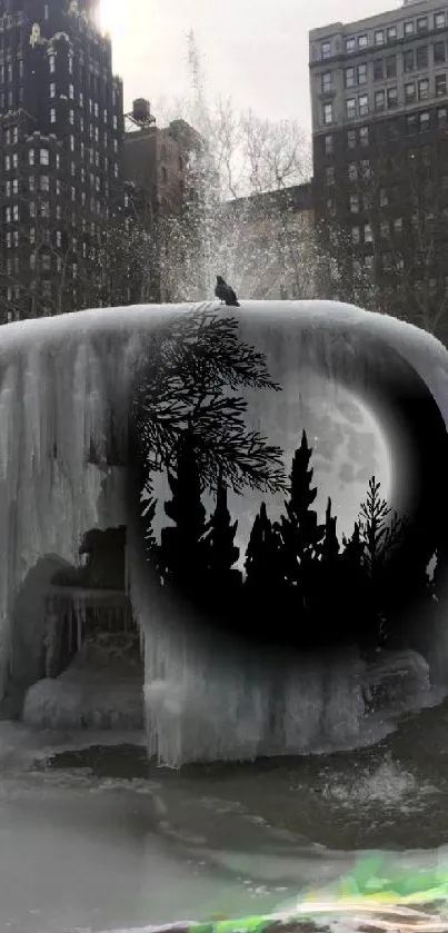 Fantasy urban winter night scene with icy fountain.