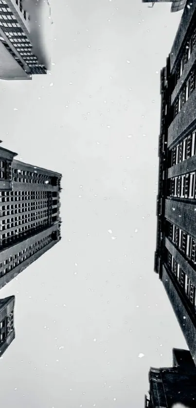 View of skyscrapers in a winter snowfall scene.