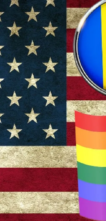 American flag and pride flag with Romanian emblem on a wallpaper.