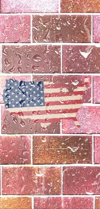 USA map on pink and brown brick wall wallpaper.