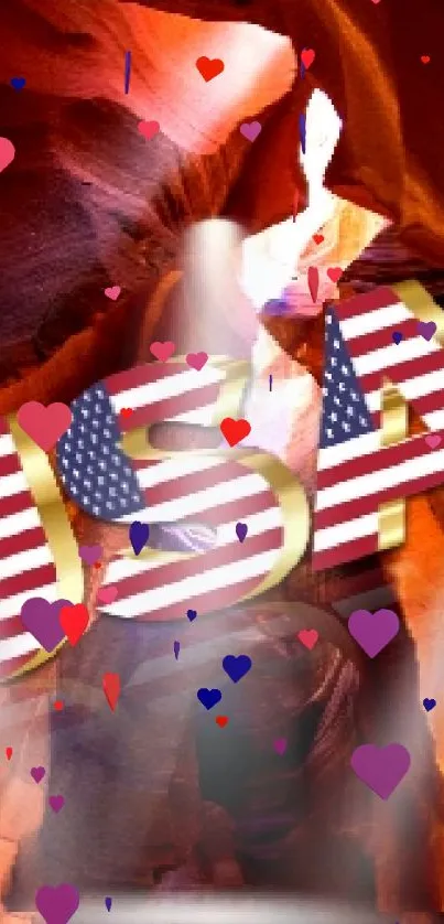 Patriotic USA-themed cave with vibrant rocks.
