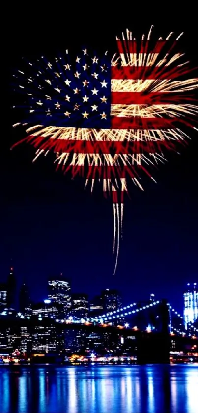 American flag fireworks over city skyline at night.