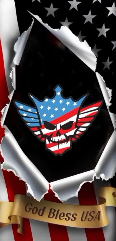 Torn USA flag with skull emblem wallpaper.