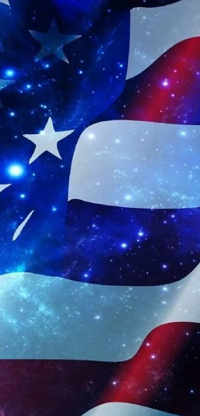 Patriotic American flag with galaxy stars on a vibrant blue background.