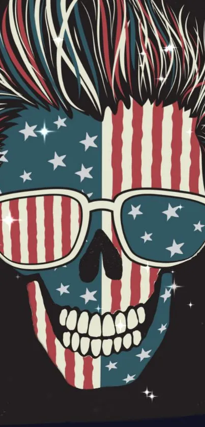 Colorful skull with USA flag design and stars on a dark background.