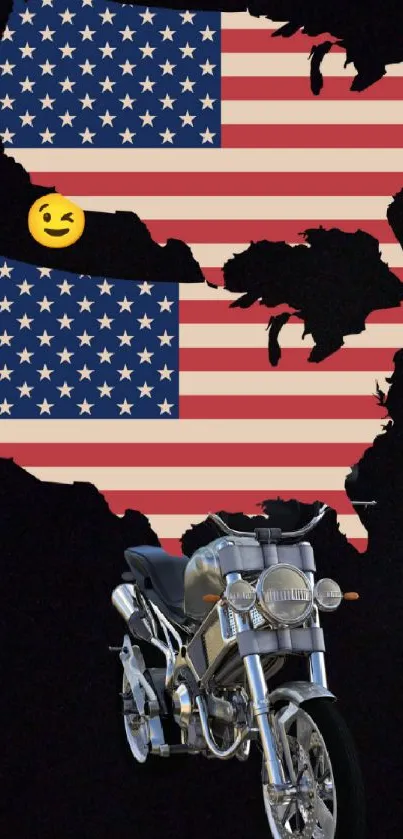 American map with motorcycle and flag design.