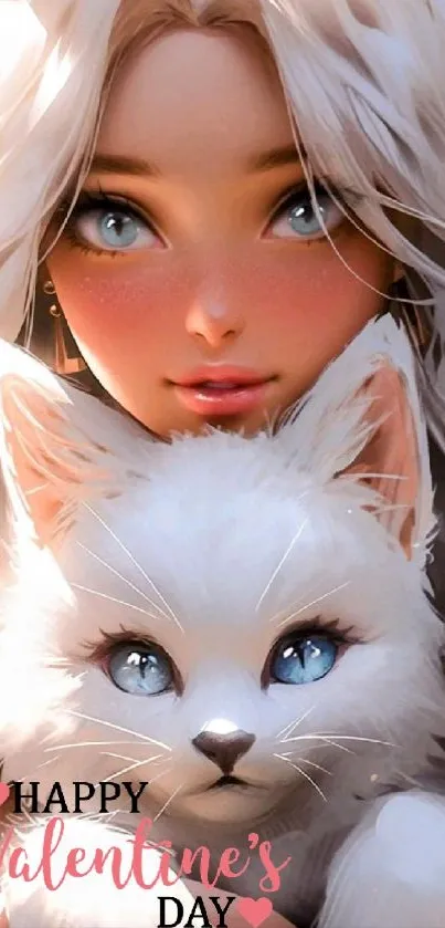 Anime girl with white cat celebrating Valentine's Day.