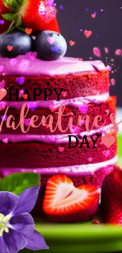 Valentine's Day cake with berries and flowers on a vibrant green plate.