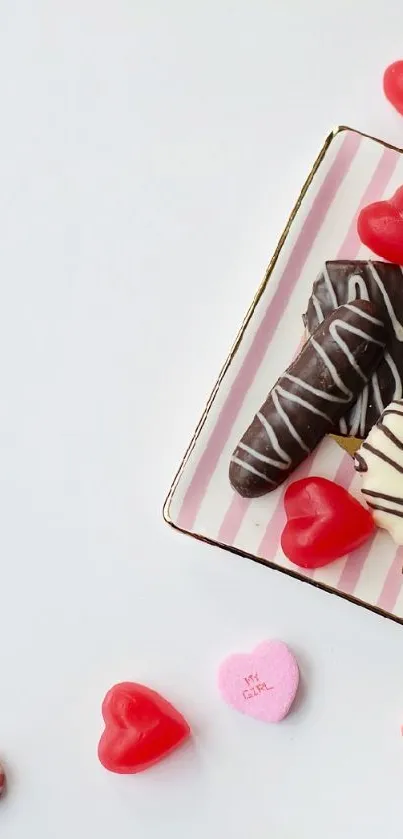 A plate of chocolates with heart-shaped candies on a white background.