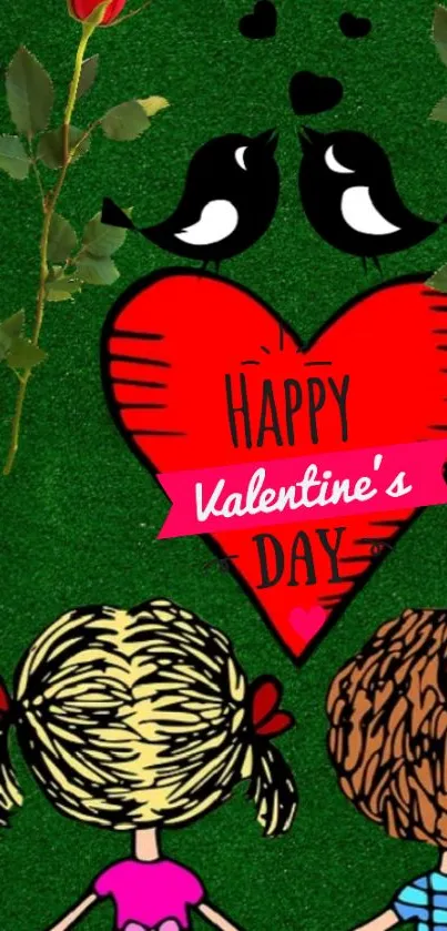 Cartoon Valentine's Day wallpaper with heart and characters, green background.