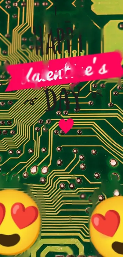 Valentine's Day circuit board wallpaper with heart emojis.