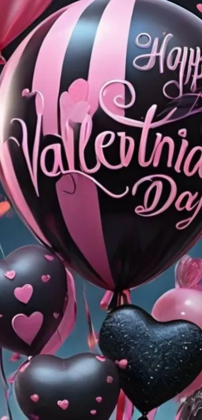 Pink and black Valentine's Day balloons with heart designs.