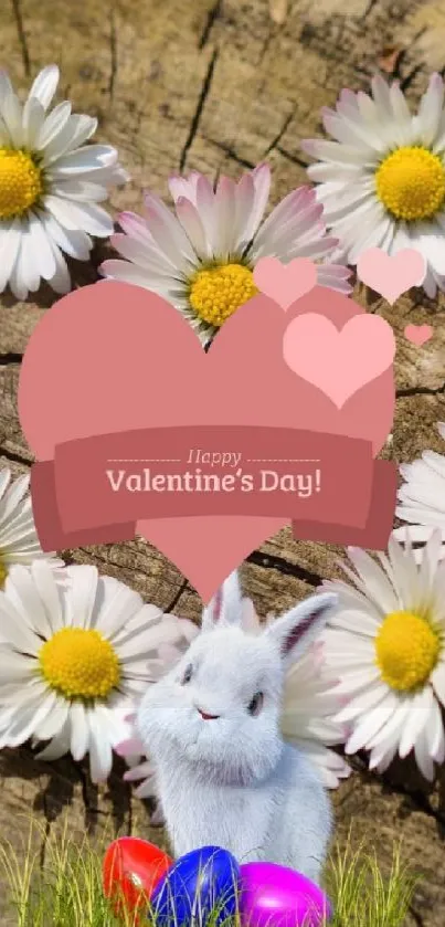 Valentine's Day wallpaper with bunny, daisies, and hearts.