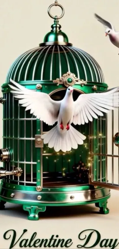 White doves flying near green cage on Valentine's.