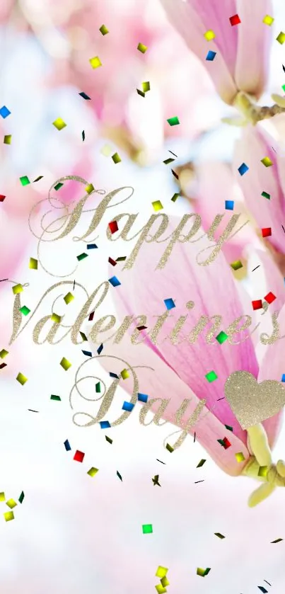 Pink blossom wallpaper with Valentine's Day text and colorful confetti.