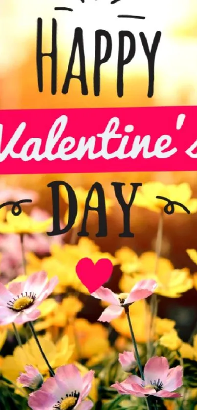 Colorful flowers with Valentine's Day text on a vibrant wallpaper.