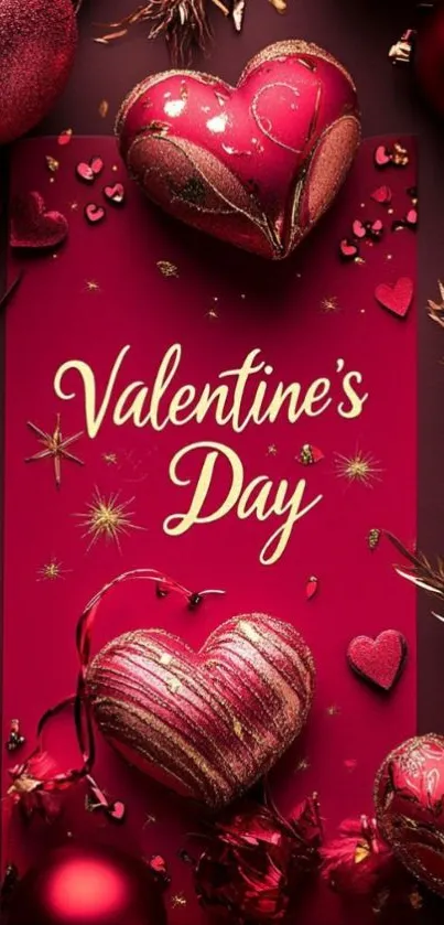 Valentine's Day wallpaper with red hearts and decor.