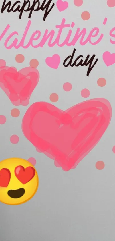 Valentine's Day wallpaper with pink hearts and emoji.