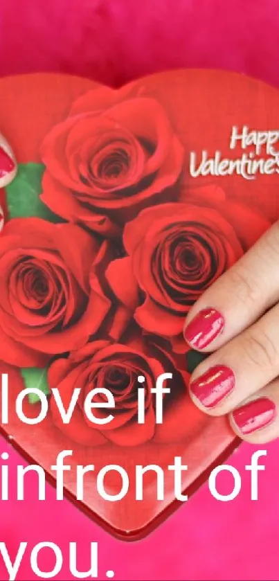 Valentine's Day heart with red roses and romantic message.