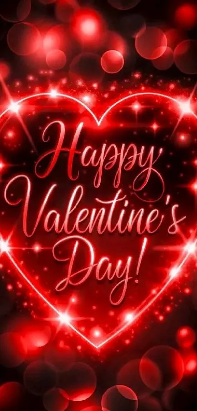 Happy Valentine's Day with glowing red heart on dark background.