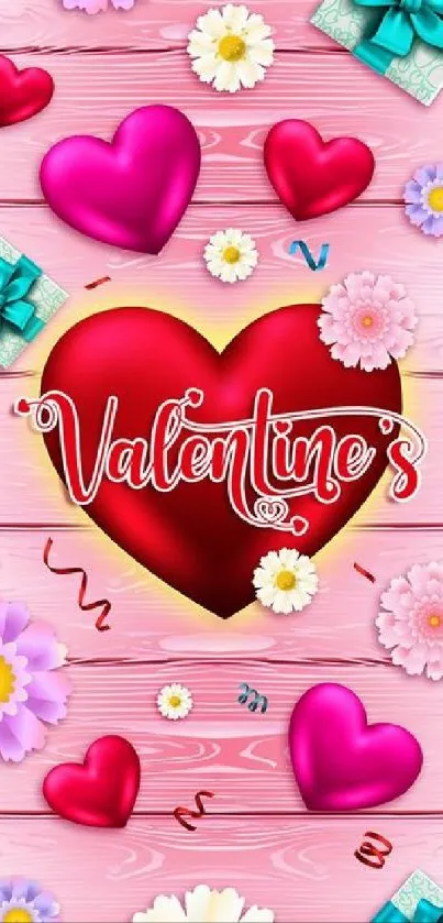 Valentine's Day wallpaper with red hearts and pink floral background.