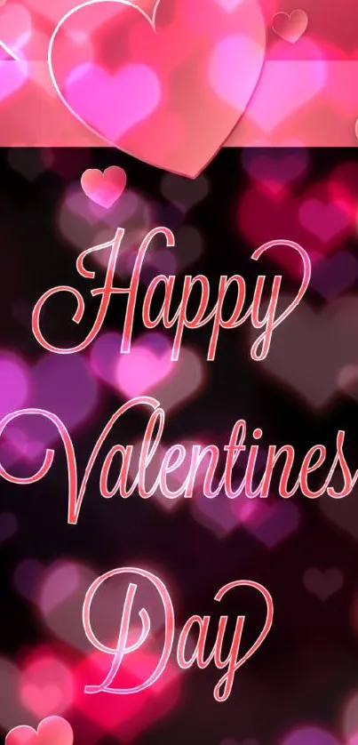 Valentine's Day wallpaper with pink hearts and elegant text on black background.