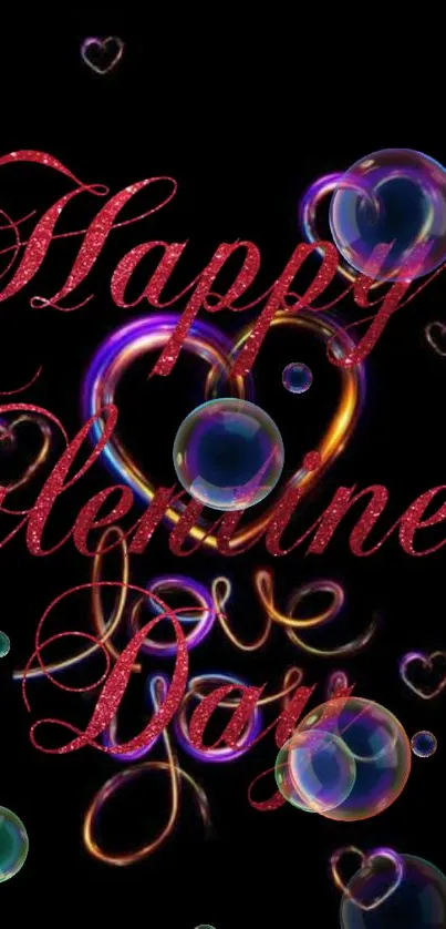 Romantic Valentine's Day wallpaper with glowing hearts and colorful bubbles.